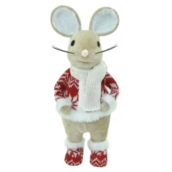 MOUSE BEIGE 10″STANDING BOY W/ RED NORDIC PRINT SWEATER & BOOTS