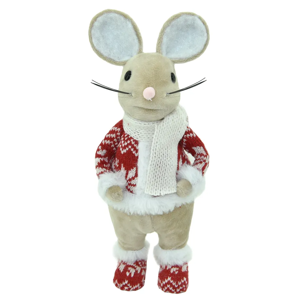MOUSE BEIGE 10″STANDING BOY W/ RED NORDIC PRINT SWEATER & BOOTS