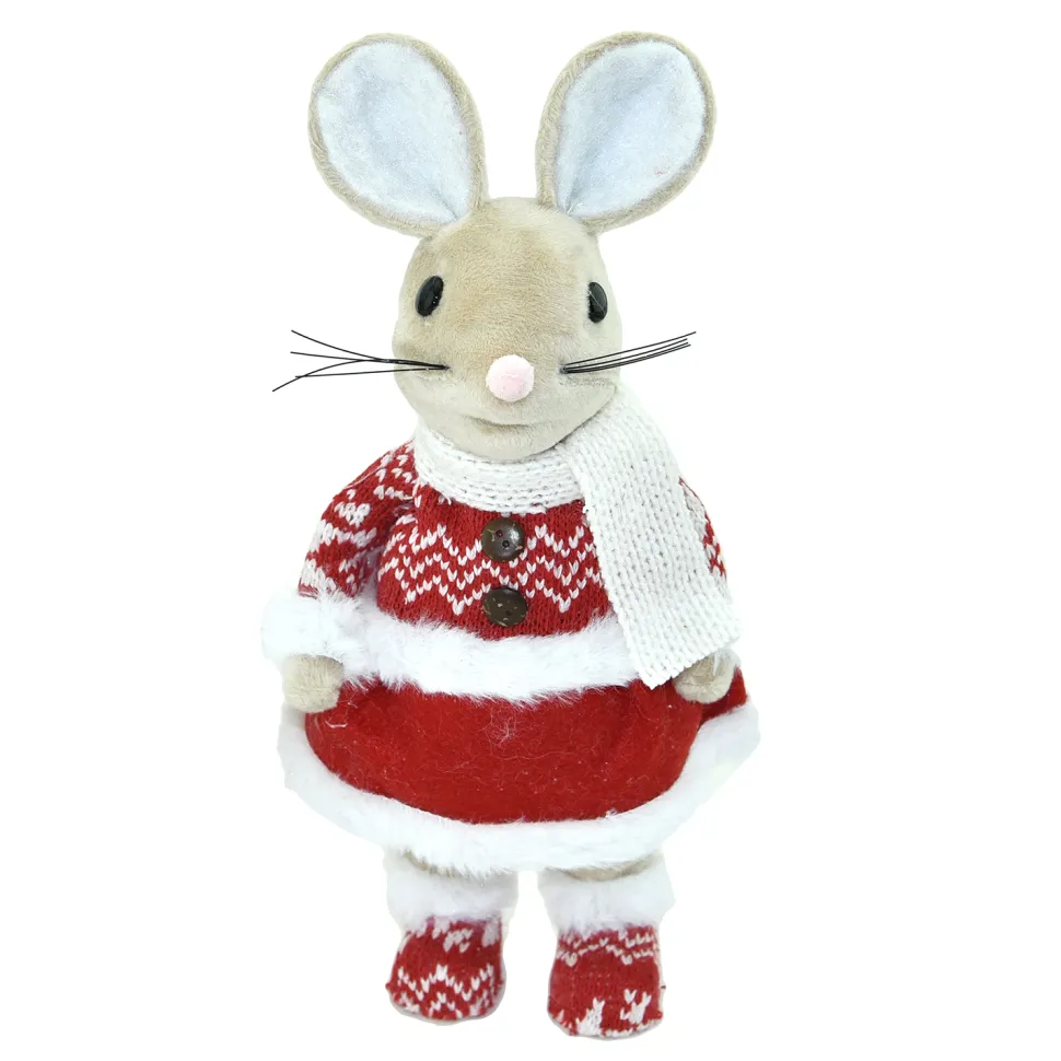 MOUSE BEIGE 10″STANDING GIRL W/ RED NORDIC PRINT DRESS & BOOTS