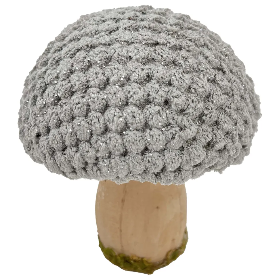 MUSHROOM WOODEN BODY|FABRIC CAP GREY/NATURAL 3″ GLITTER/FROSTED