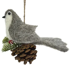 ORN BIRD FAUX FUR BROWN 6″ W/ PINECONE