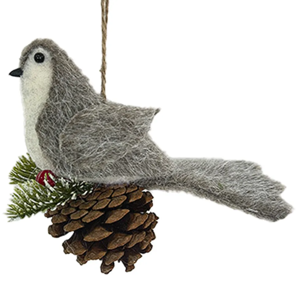 ORN BIRD FAUX FUR BROWN 6″ W/ PINECONE