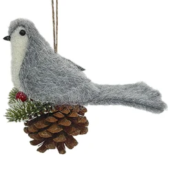 ORN BIRD FAUX FUR GREY 6″ W/ PINECONE