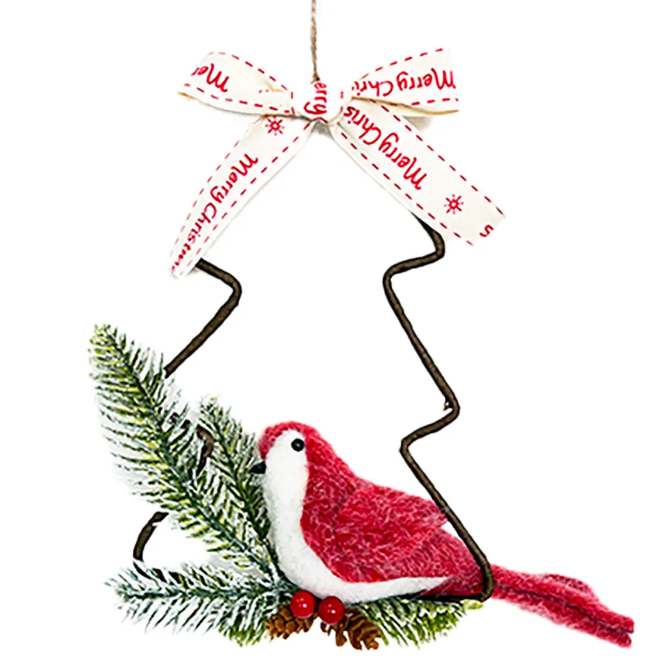 ORN BIRD FAUX FUR RED 8.5″ ON A METAL TREE W/ PINE & BOW