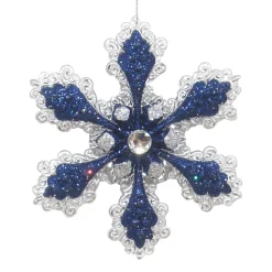 ORN BLUE SILVER SNOWFLAKE 4.75″ W/ JEWEL & GLTR.