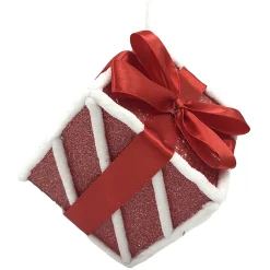 ORN CANDY CANE GIFT BOX CANDY CANE 5″ RED/WHITE W/ FAUX FAUR TRIM & BOW