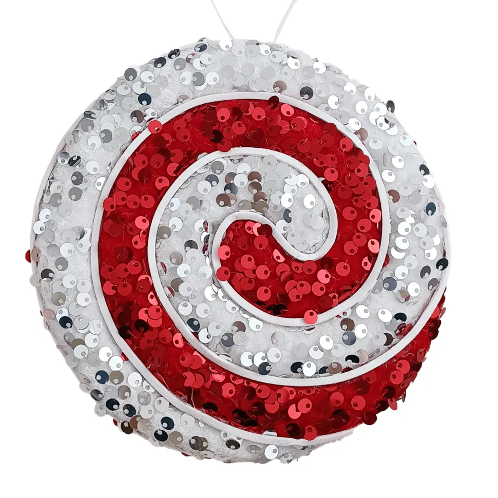 ORN CANDY CANE SWIRL 6″ RED/WHITE SEQUINS