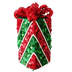 ORN CANDY GIFT BOX 6″ RED/GREEN SEQUINS W/ BOW