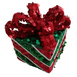 ORN CANDY GIFT BOX 4″ RED/GREEN SEQUINS