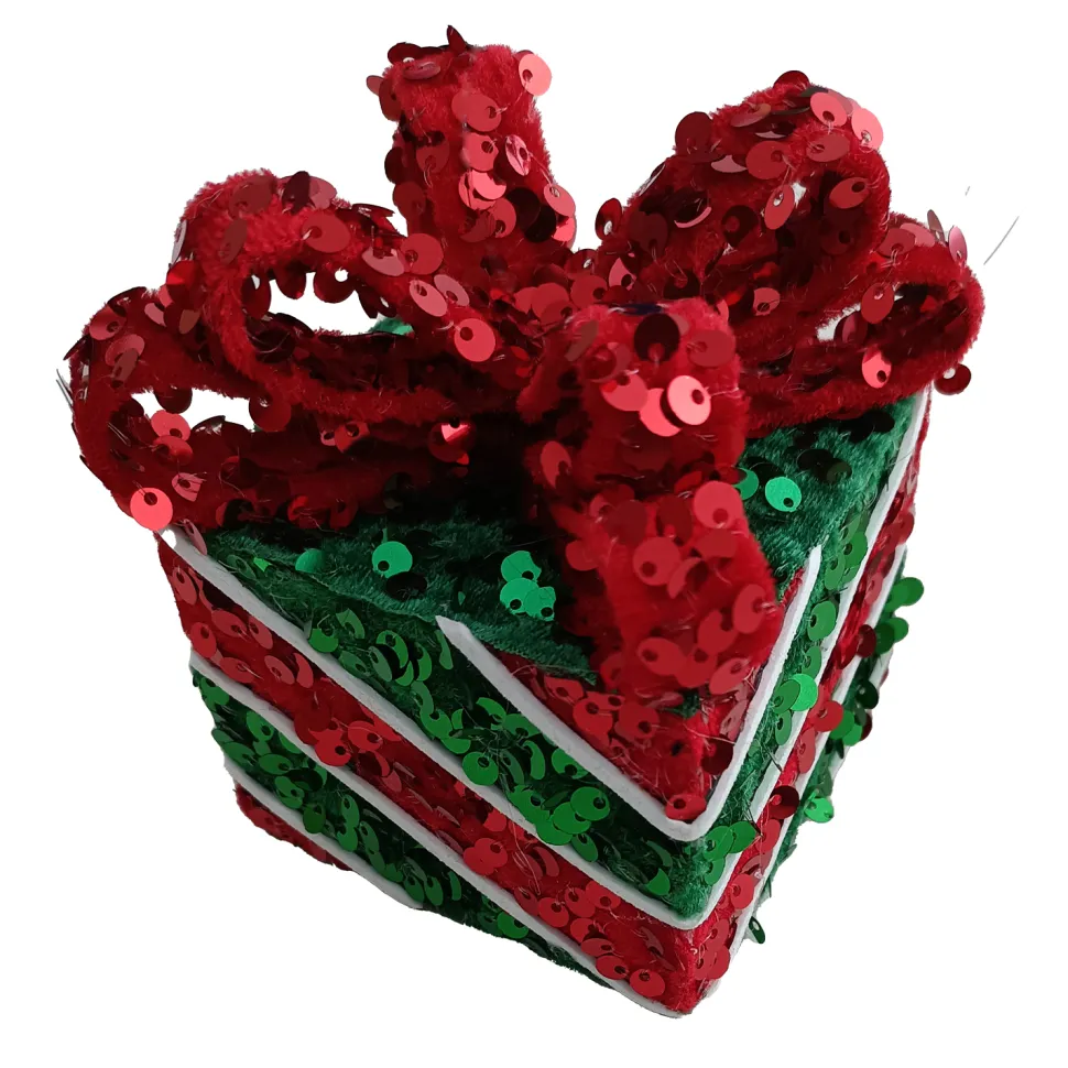 ORN CANDY GIFT BOX 4″ RED/GREEN SEQUINS