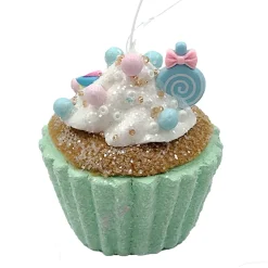 ORN CANDY SPRINKLE CUPCAKE 3″ GREEN/COLORFUL GLITTER