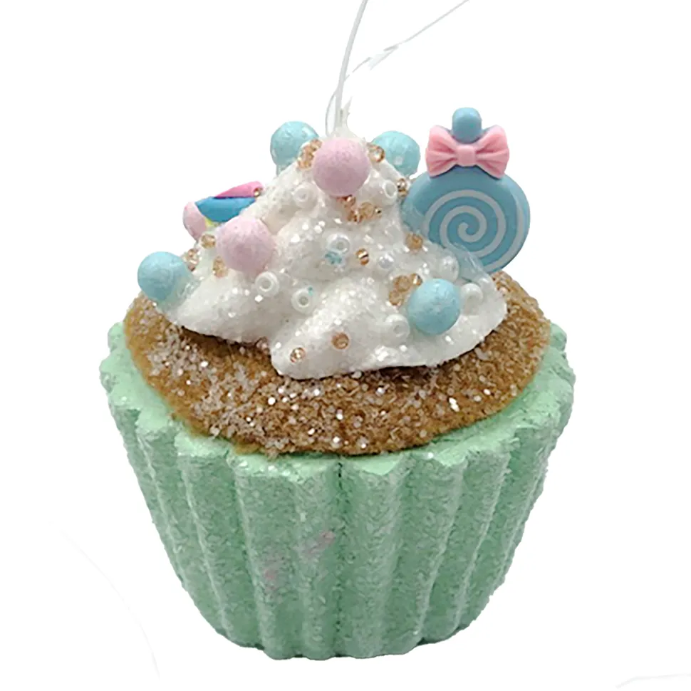 ORN CANDY SPRINKLE CUPCAKE 3″ GREEN/COLORFUL GLITTER