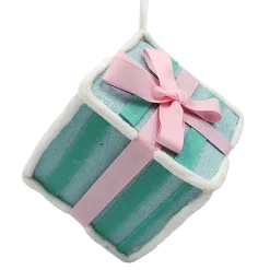 ORN CANDY SPRINKLE GIFT BOX CANDY CANE TABLE DECOR 4.5″x5″ PINK/LT. BLUE W/ FAUX FAUR TRIM & GLITTER