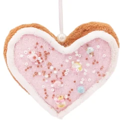 ORN CANDY SPRINKLE HEART 4″ PINK/BROWN W/ GLITTER & BEADS