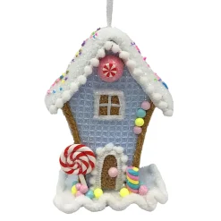 ORN CANDY SPRINKLE HOUSE 5.5″ BLUE/WHITE/W/ COLORFUL BEADED SPRINKLES & GLITTER
