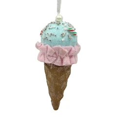 ORN CANDY SPRINKLE ICE CREAM IN CONE 5.5″ LT. BUE/PINK/BROWN W/ COLORFUL BEADED SPRINKLES