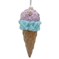 ORN CANDY SPRINKLE ICE CREAM IN CONE 5.5″ PURPLE/LT. BLUE/BROWN W/ COLORFUL BEADED SPRINKLES