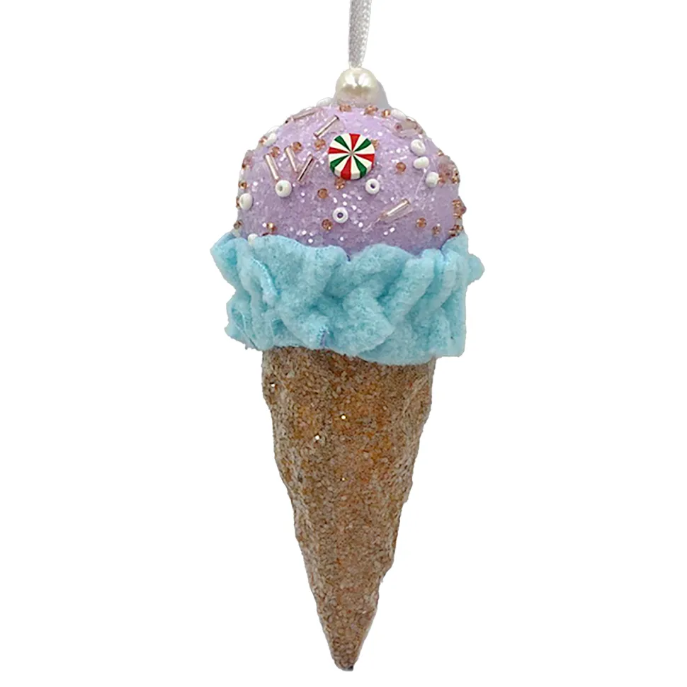 ORN CANDY SPRINKLE ICE CREAM IN CONE 5.5″ PURPLE/LT. BLUE/BROWN W/ COLORFUL BEADED SPRINKLES