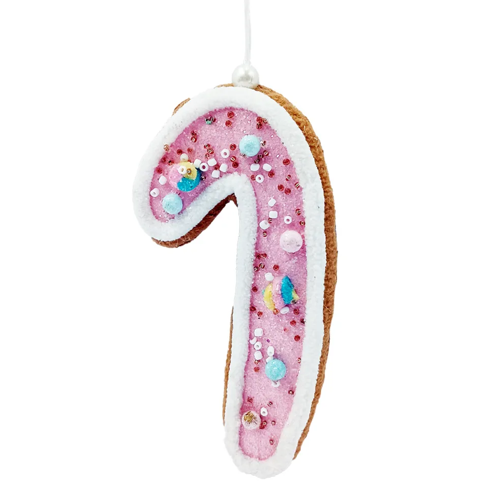 ORN CANDY SRINKLE CANE 6.5″ PINK/BROWN W/ GLITTER & BEADS