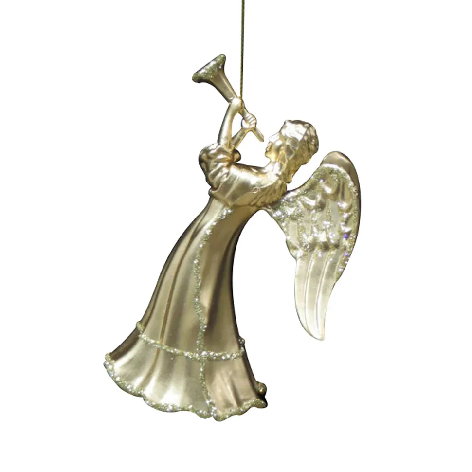 ORN CHAMPAGNE ANGEL W/ HORN 5″ MATT W/ GOLD GLITTER