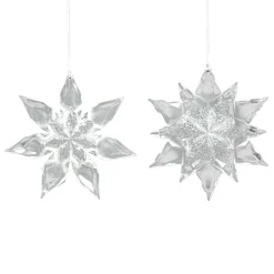 ORN CLEAR FROST SNOWFLAKE 4.75″ & 5″ W/ ICE WHITE GLITTER, 2 ASSTD.