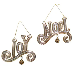 ORN CLEAR GOLD GILT JOY & NOEL 3.25″ &3.75″ W/ GLTR.
