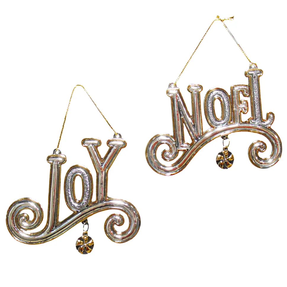 ORN CLEAR GOLD GILT JOY & NOEL 3.25″ &3.75″ W/ GLTR.