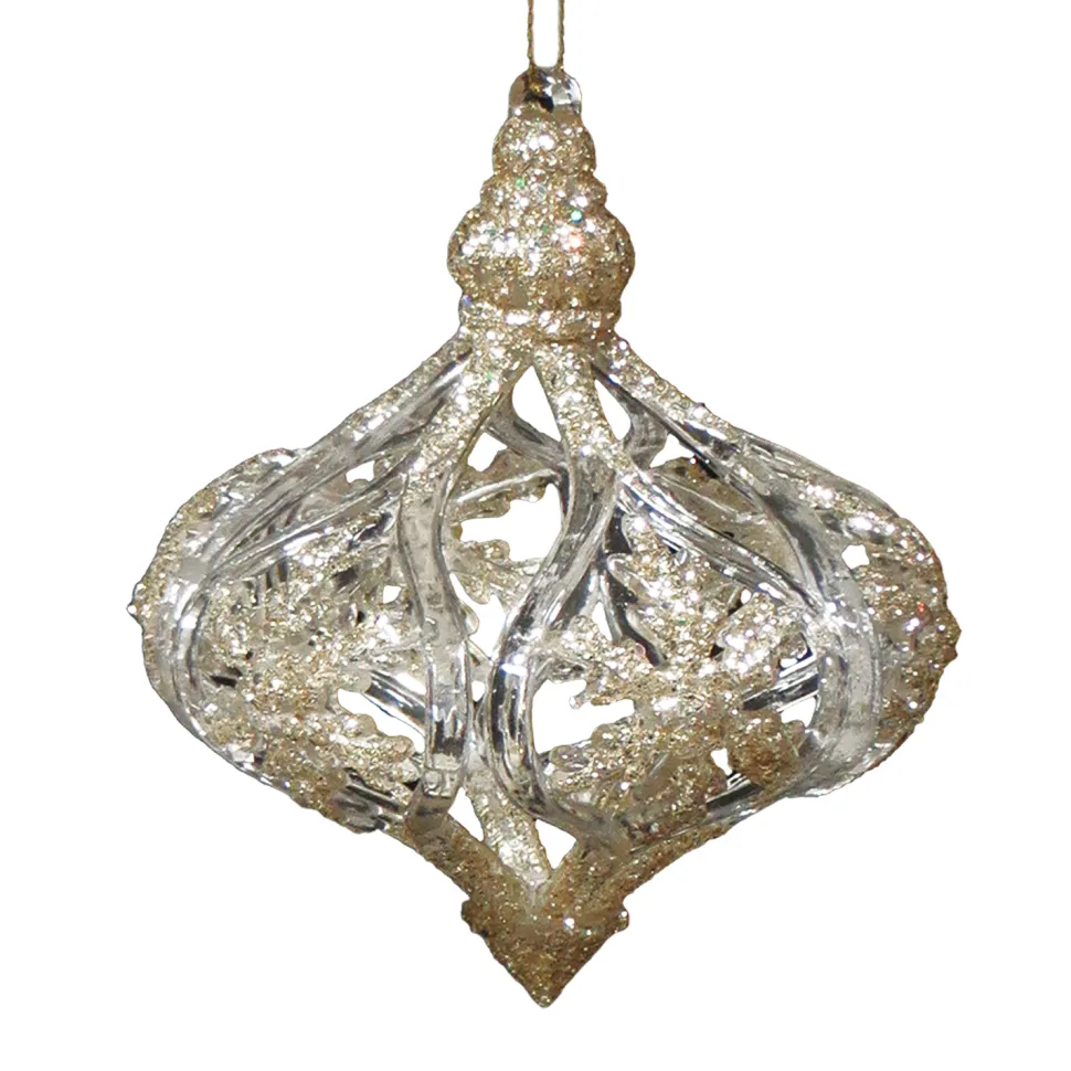 ORN CLEAR GOLD ONION DROP 3.75″ W/ SNOWFLAKE & GOLD GLTR.