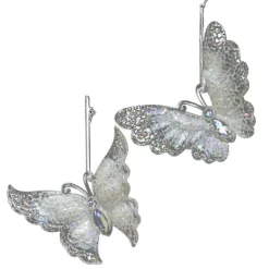 ORN CLEAR PEARL BUTTERFLY 4″ W/ ICE WHITE GLITTER, 2 ASSTD.