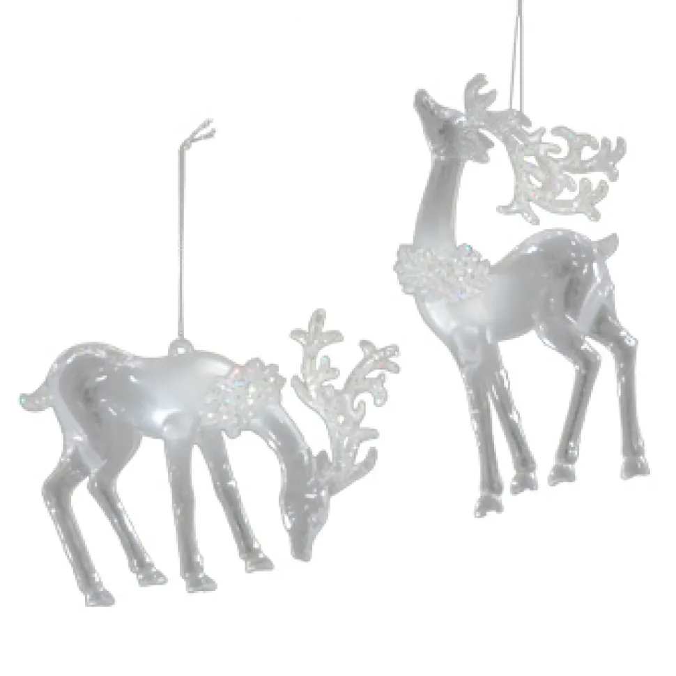ORN CLEAR PEARL DEER 3.3″ & 5.5″ W/ ICE WHITE GLITTER, 2 ASSTD.