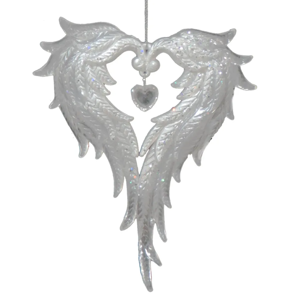 ORN CLEAR PEARL HOLLOW ANGEL WINGS 6.25″ W/ ICE WHITE GLITTER