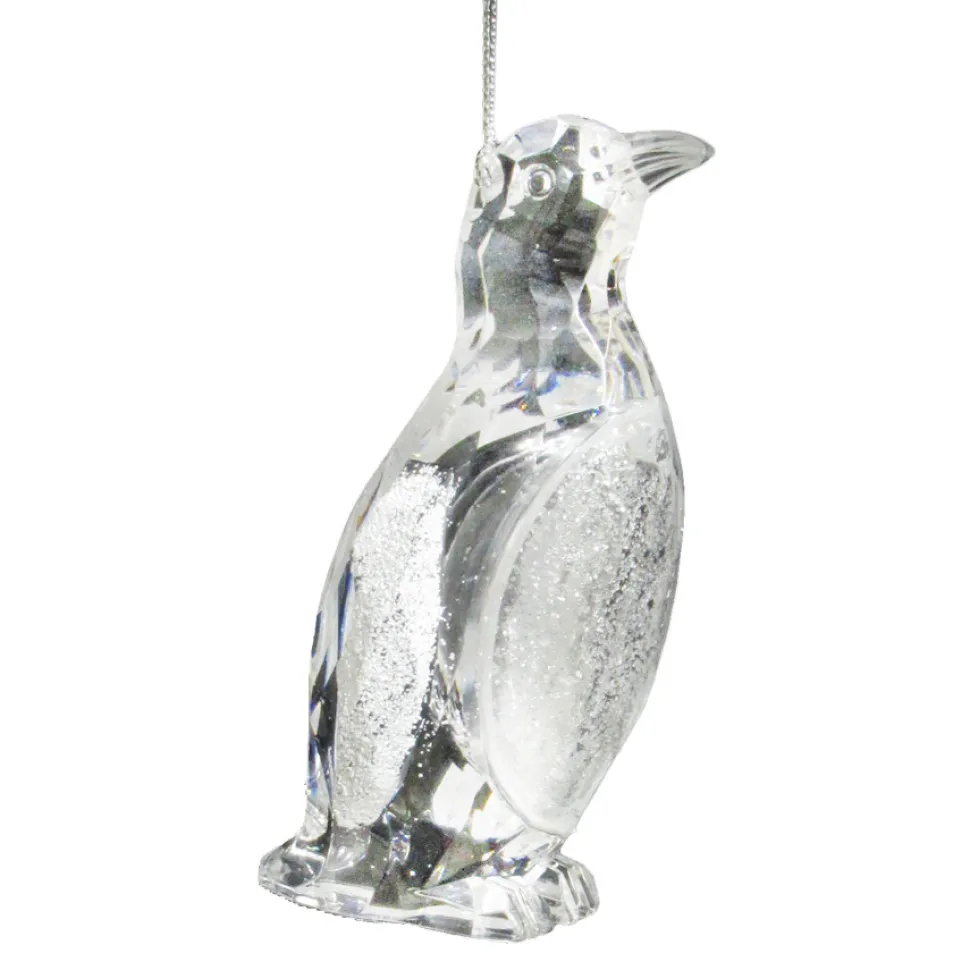ORN CLEAR PENGUIN 4″ W/ ICE WHITE GLITTER