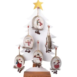 ORN DSP WOODEN DISC BIRCH SANTA & SNOWMAN W/ TWIGS & BELLS 5″ W/ DISPLAY 6/S