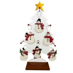 ORN DSP WOODEN SNOWMAN FUR 5″ W/TREE DISPLAY 6 ASSTD.