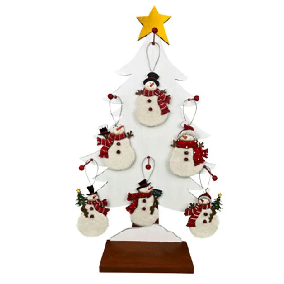 ORN DSP WOODEN SNOWMAN FUR 5″ W/TREE DISPLAY 6 ASSTD.