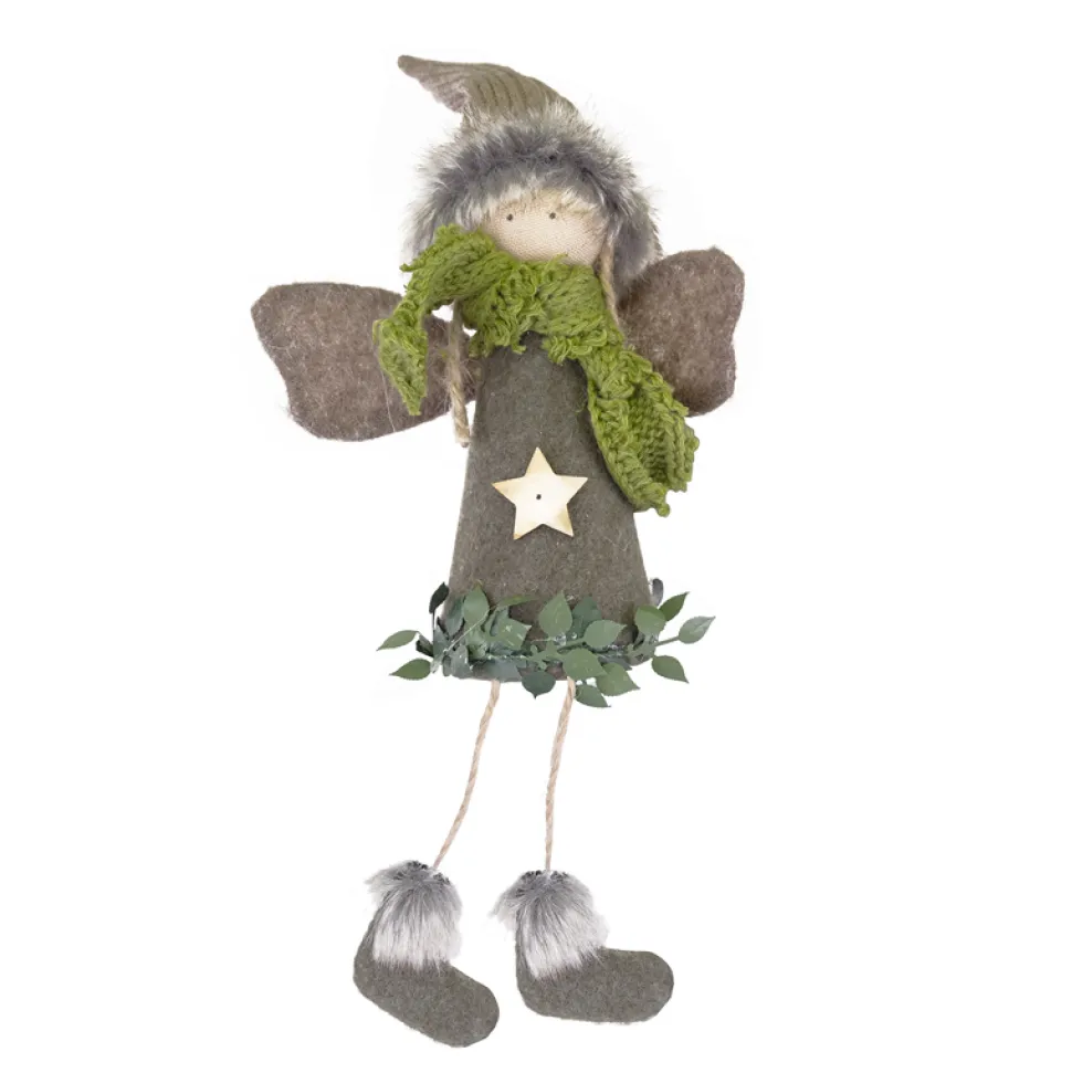 ORN FABRIC ANGEL 7″ BROWN W/ FAUX FUR HAT & GREEN SCARF