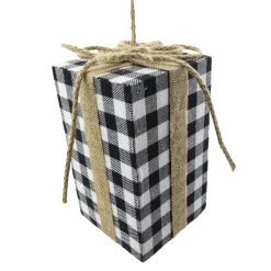 ORN FABRIC GIFT BOX 8″ BLACK/ WHITE PLAID W/ROPE BOW