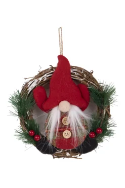 ORN FABRIC GNOME IN WREATH 6″ RED/ GRN PLAID SHIRT & PINE NEEDLE W/ BERRIES