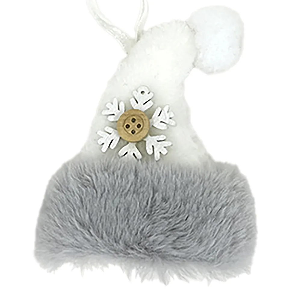 ORN FABRIC HAT FAUX FUR WHITE 4″ W/ SNOWFLAKE