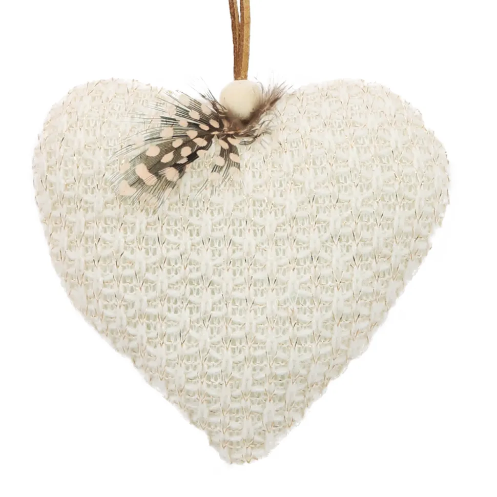 ORN FABRIC HEART 4.5″ CREAM/GOLD W/ FEATHER