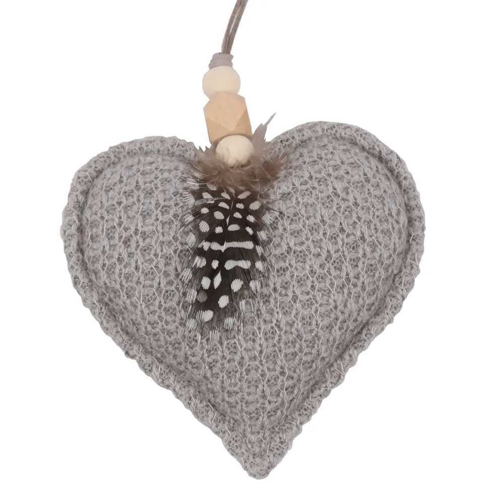 ORN FABRIC HEART 4.5″ GRAY W/ FEATHER