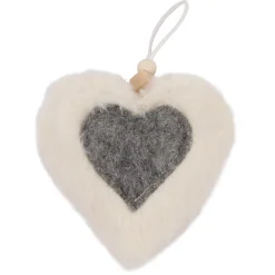 ORN FABRIC HEART 4.5″ IVORY FUR W/ GRAY HEART