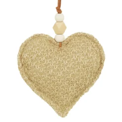 ORN FABRIC HEART4.5″ BROWN/NATURAL W/ BEADS