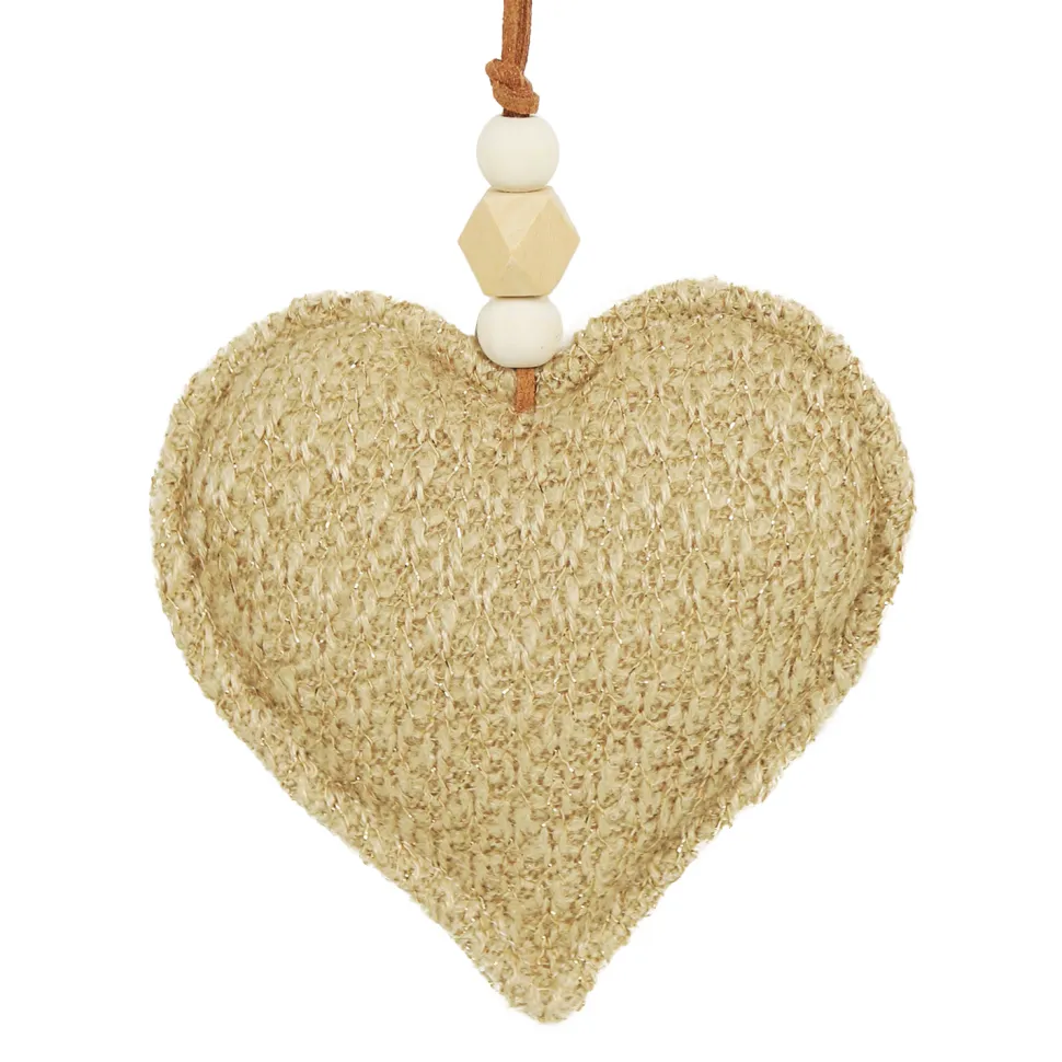 ORN FABRIC HEART4.5″ BROWN/NATURAL W/ BEADS