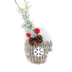 ORN FABRIC MITTEN 4″ GRAY KNIT FABRIC W/SNOWFLAKE, PINE & BERRY