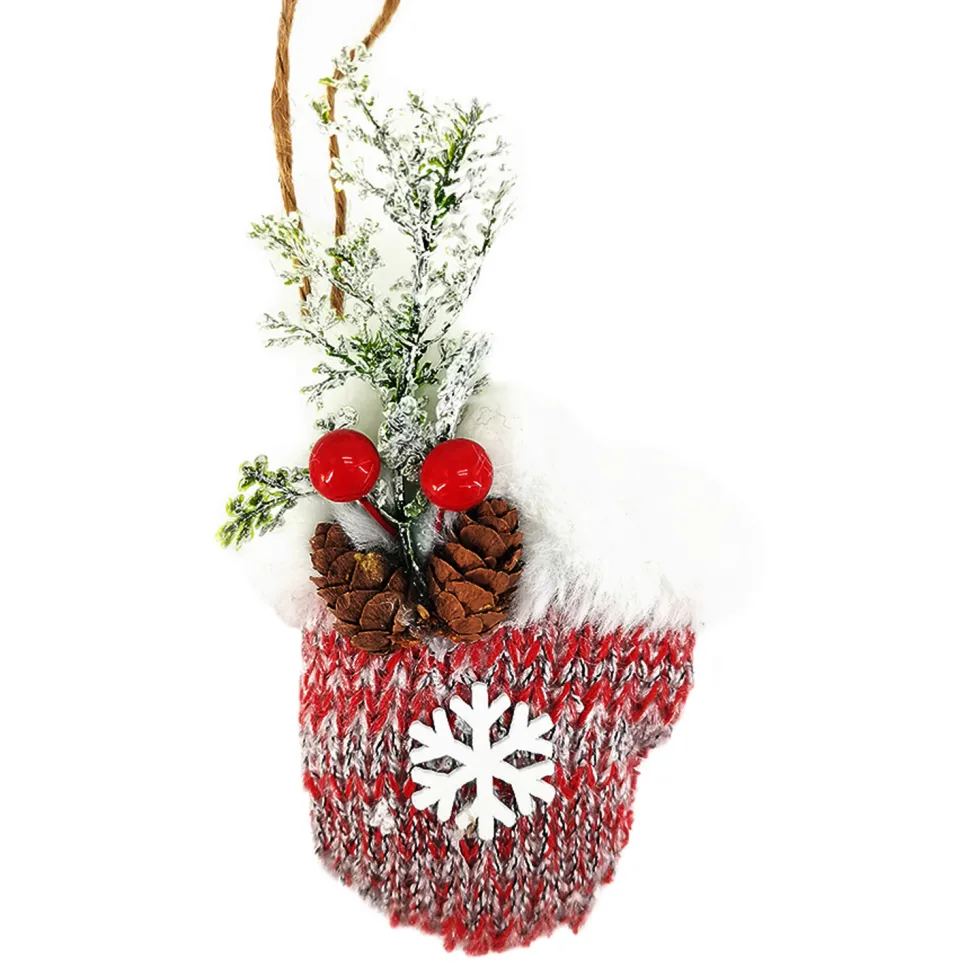 ORN FABRIC MITTEN 4″ RED KNIT FABRIC W/SNOWFLAKE, PINE & BERRY