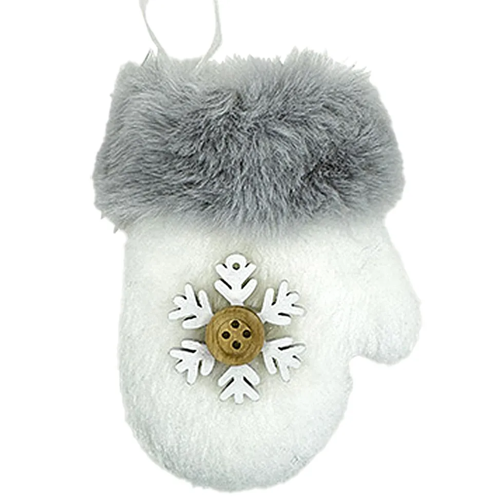 ORN FABRIC MITTEN FAUX FUR WHITE 4″ W/ SNOWFLAKE