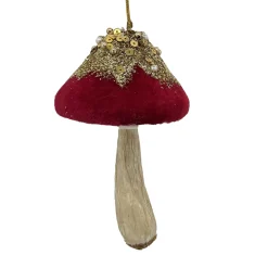ORN FABRIC MUSHROOM VELVET CAP RED 5.5″ W/ GLITTER, SEQUINS & BEADS
