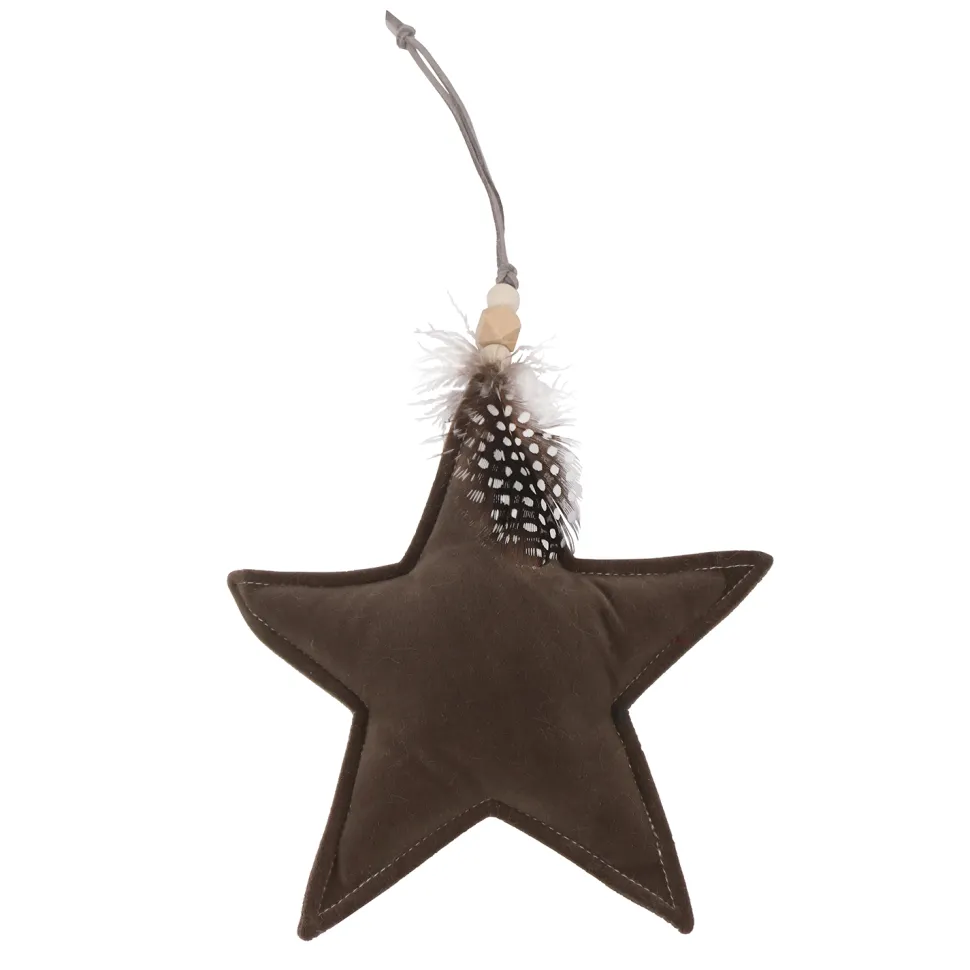 ORN FABRIC STAR 6.5″ BROWN W/FEATHER