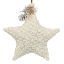 ORN FABRIC STAR 4.5″ CREAM/GOLD W/ FEATHER
